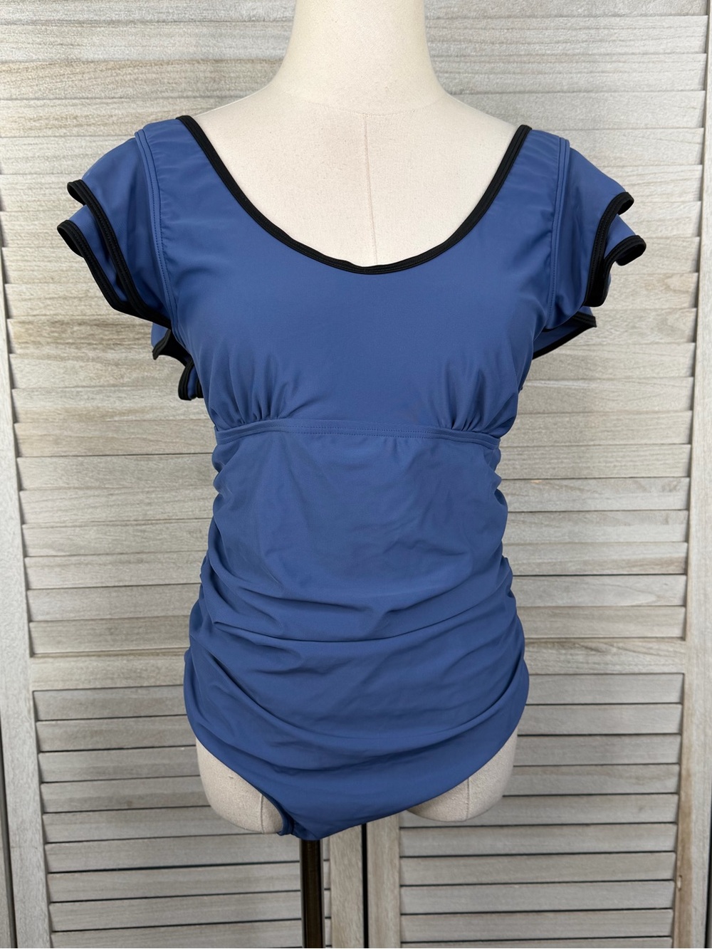 CHARMO Women's Ruffled Shoulder Tummy Control One Piece Swimsuit Blue/Black-L